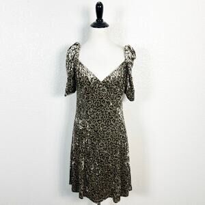 Lait Collection Womens Leopard Print Green Velvet Puff Sleeve Mini Dress Size L